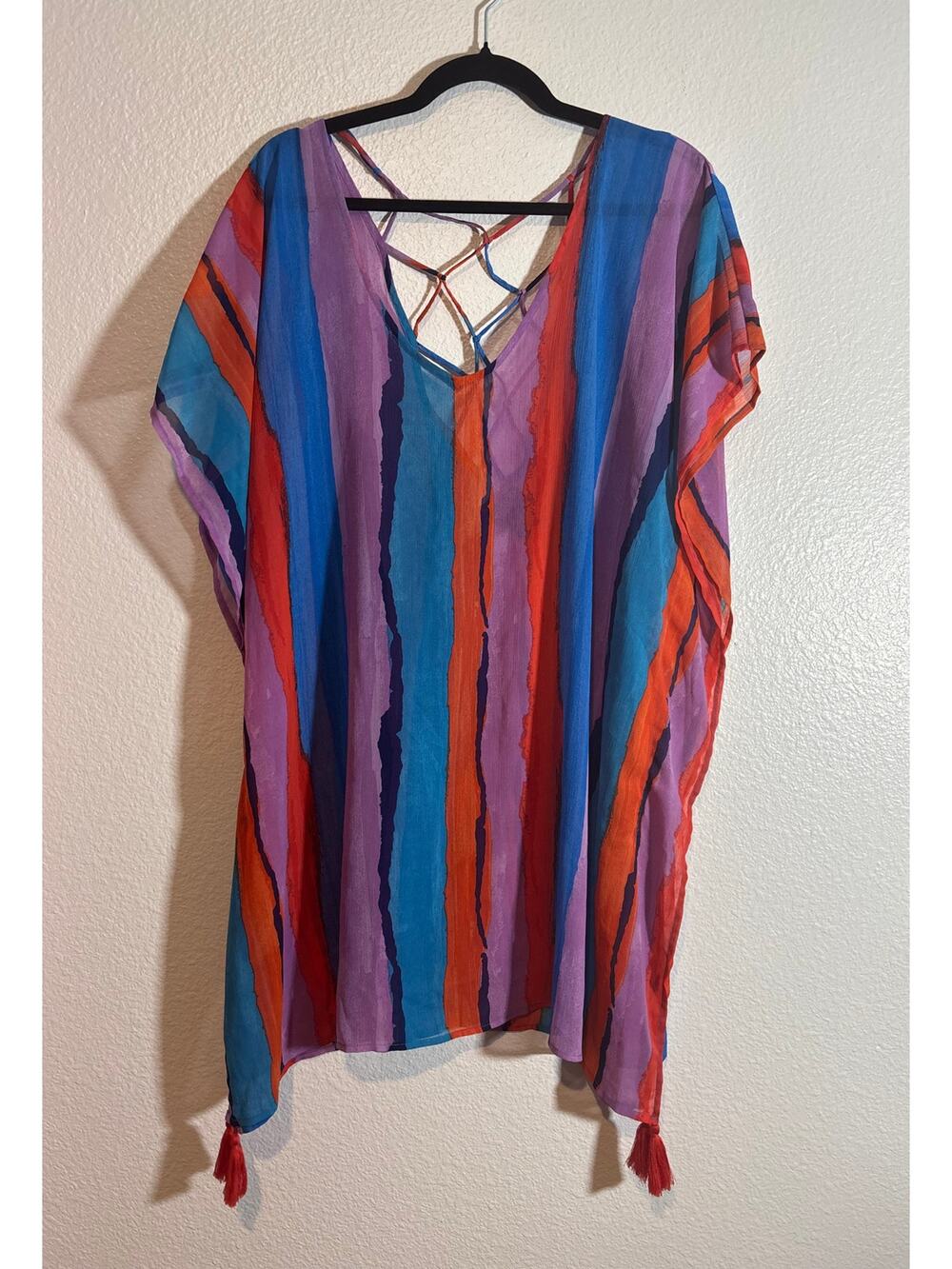 Palisades Beach Club Size XL/XXL Sheer Swimsuit Cover-Up Tassels Multicolor